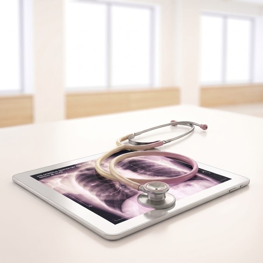 Tablet exibindo radiografia de tórax com estetoscópio
